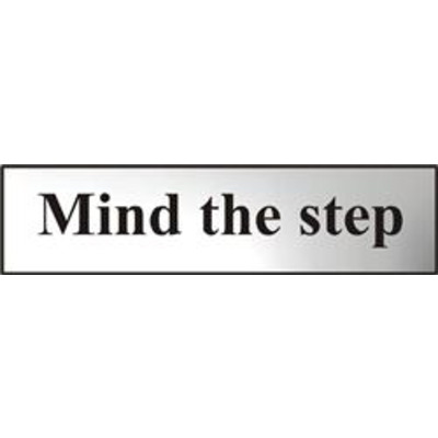 ASEC Mind The Step 200mm x 50mm Chrome Self Adhesive Sign - 1 Per Sheet