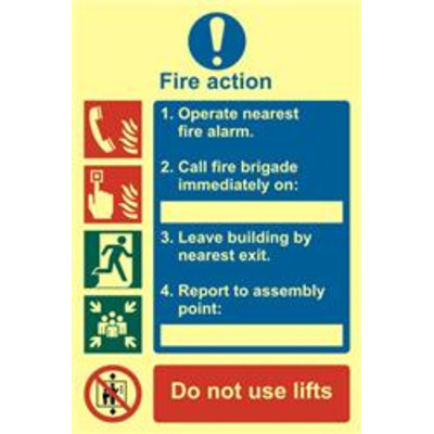 ASEC Fire Action Procedure 200mm x 300mm PVC Self Adhesive Photo luminescent Sign - 1 Per Sheet