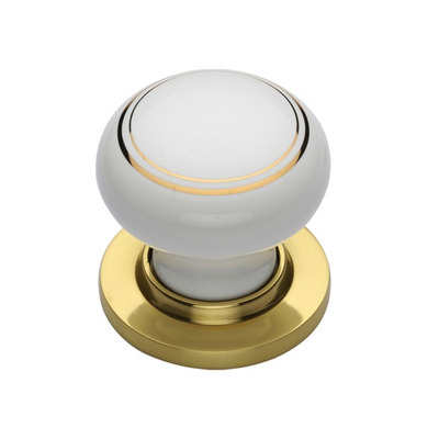 Heritage Brass Gold Line White Porcelain Mortice Door Knobs, Polished Brass Rose - 6010-PB (sold in pairs) GOLD LINE WHITE KNOB WITH POLISHED BRASS BASE