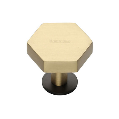 Heritage Brass Hexagon Cabinet Knob With Rose (32mm OR 38mm), Satin Brass Knob With Matt Bronze Rose - C4345-BSB SATIN BRASS KNOB WITH MATT BRONZE ROSE - 32mm