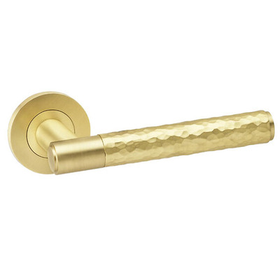 Alexander & Wilks Spitfire Hammered Door Handles On Round Rose, Satin Brass - AW223SB (sold in pairs) SATIN BRASS